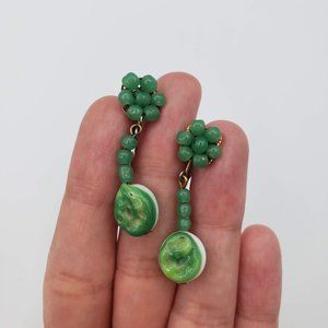 Vintage Green Beaded Ball Drop Non-Pierced Screw-back Earring Set
